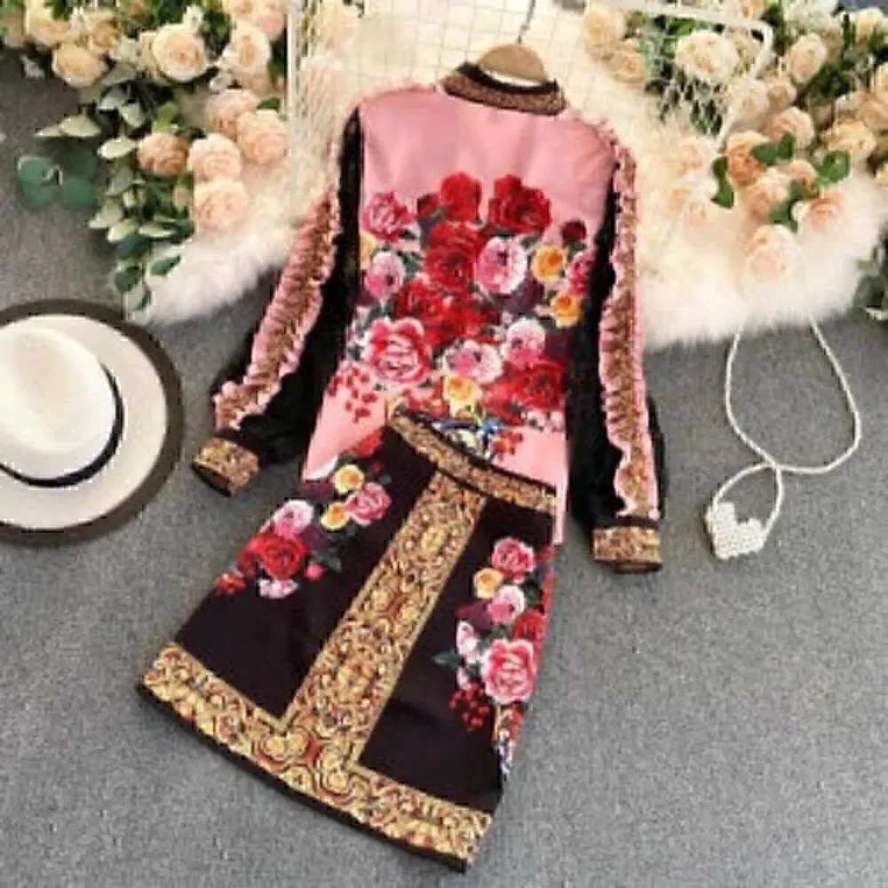 Vintage Floral Flower Collar Floral Print Lace Ruffles Top & Skirt XXL EURO